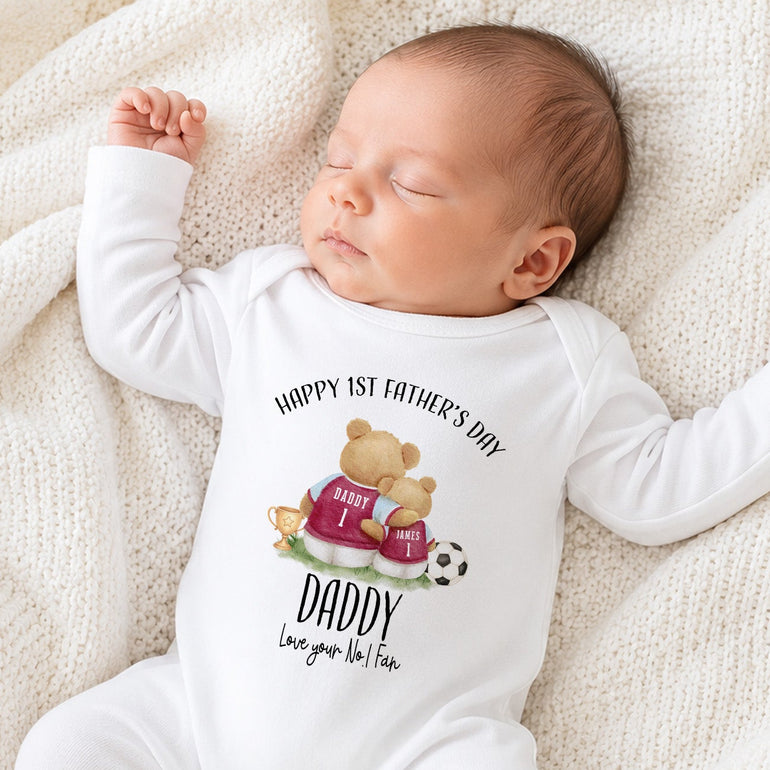 Personalised First Father’s Day football bear baby grow with Daddy and baby bear shirts.