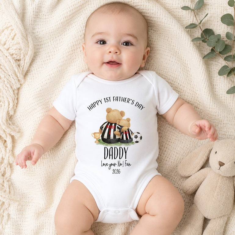 White baby vest with personalised football bear Father’s Day design and custom names.