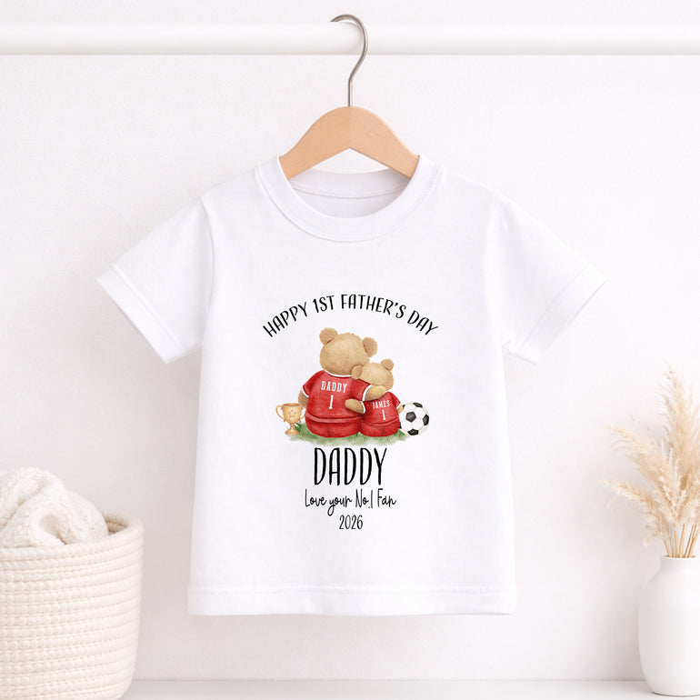 White child T-shirt with personalised football bear design for Daddy.