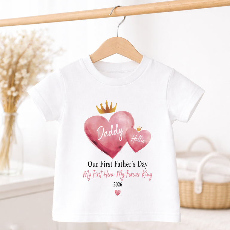 White t-shirt with personalised First Father’s Day heart and crown design for Daddy.