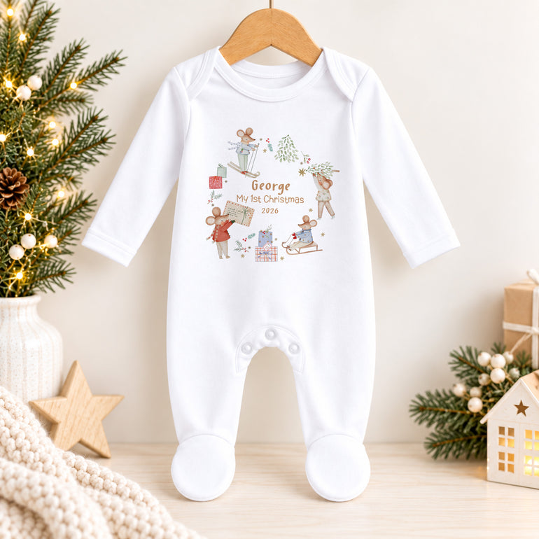 Personalised First Christmas baby grow with festive mice design, child’s name, My 1st Christmas wording and chosen year