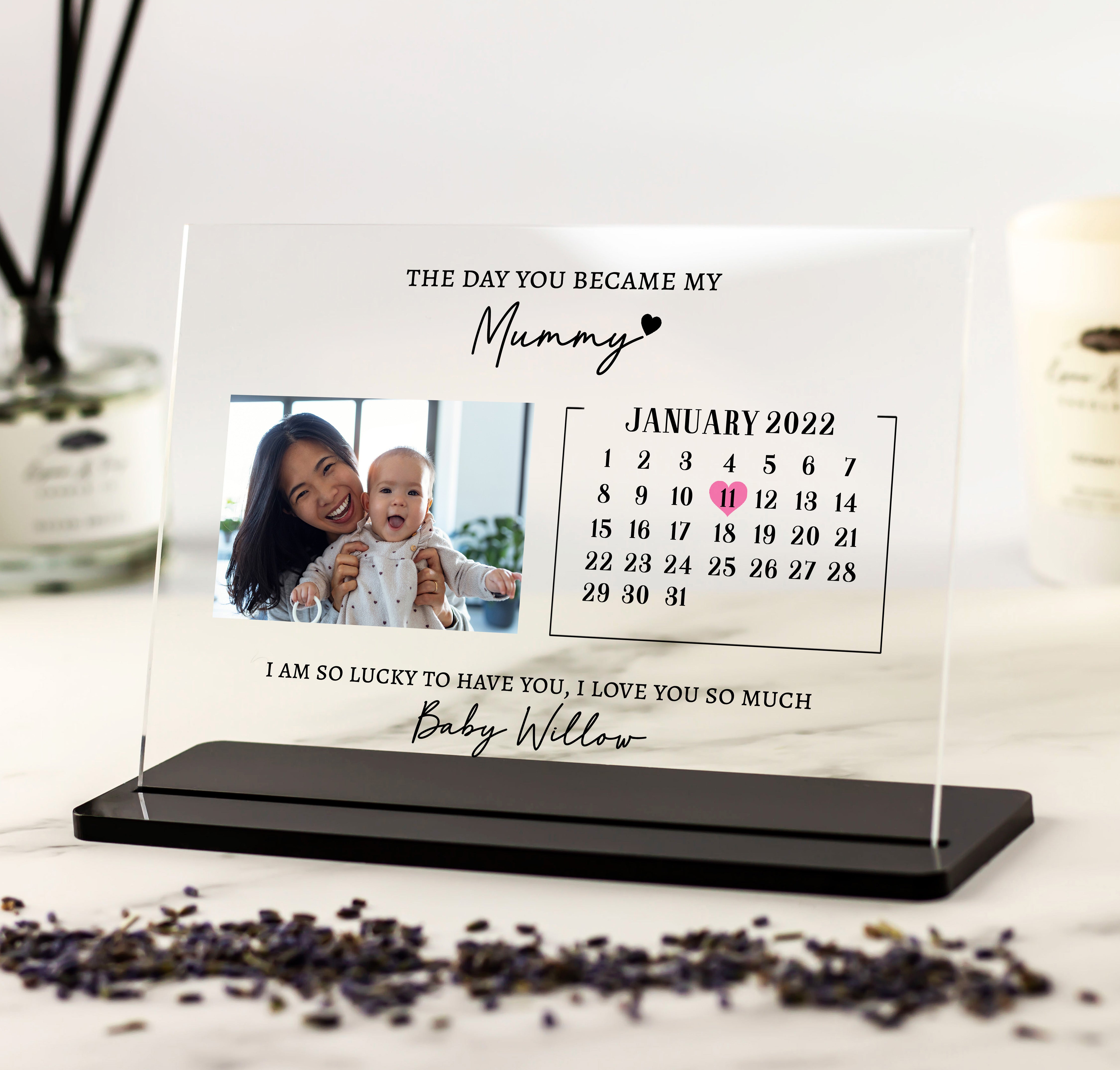 Personalised photo calendar acrylic plaque gift for Mum Dad Nana Grandad with custom date and message