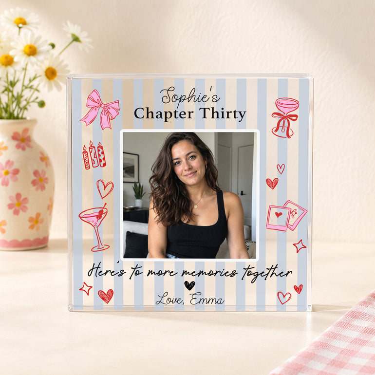 Personalised 30th birthday photo block with Chapter Thirty wording, name, photograph and blue striped background