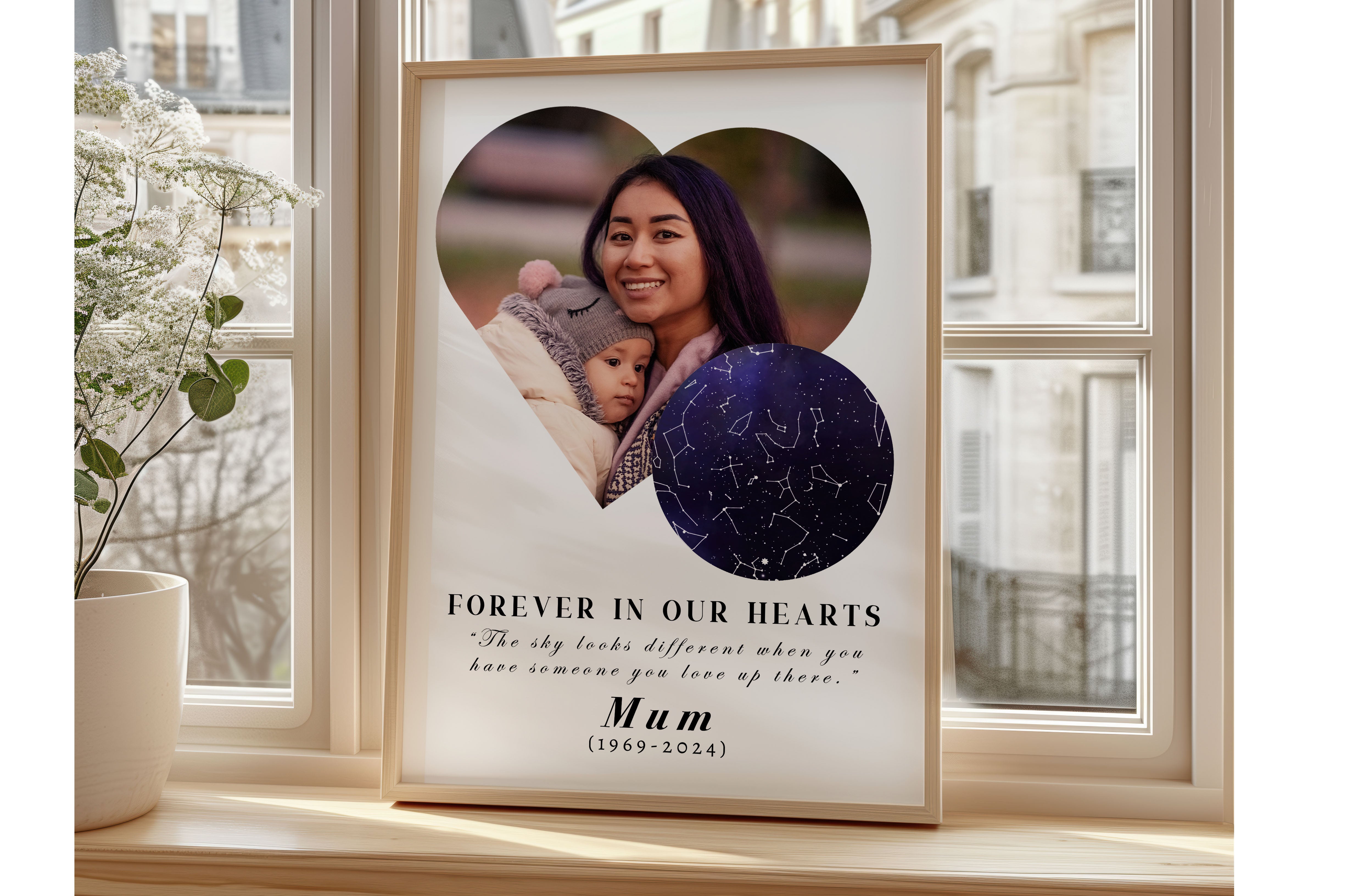 Portrait personalised memorial star map print with heart-shaped photo and night sky constellation design – remembrance gift for loss of mum, dad, or loved one