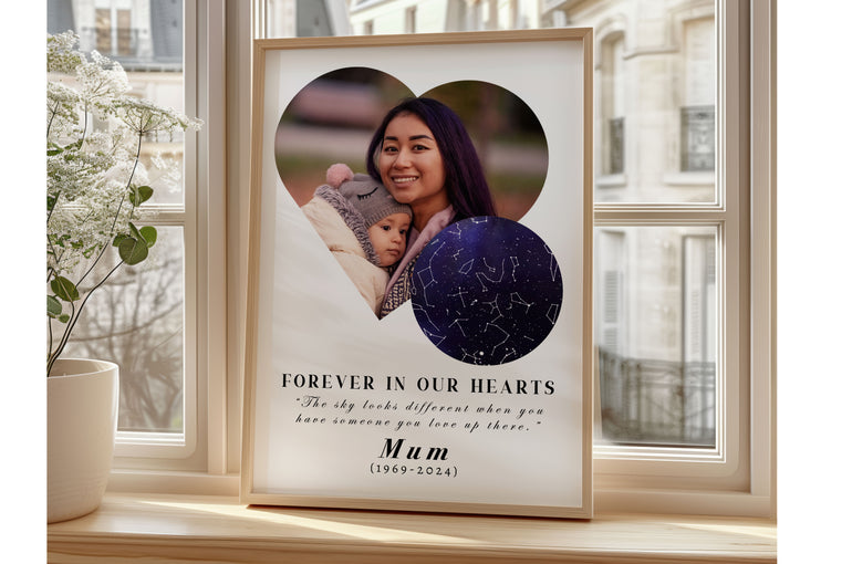 Portrait personalised memorial star map print with heart-shaped photo and night sky constellation design – remembrance gift for loss of mum, dad, or loved one
