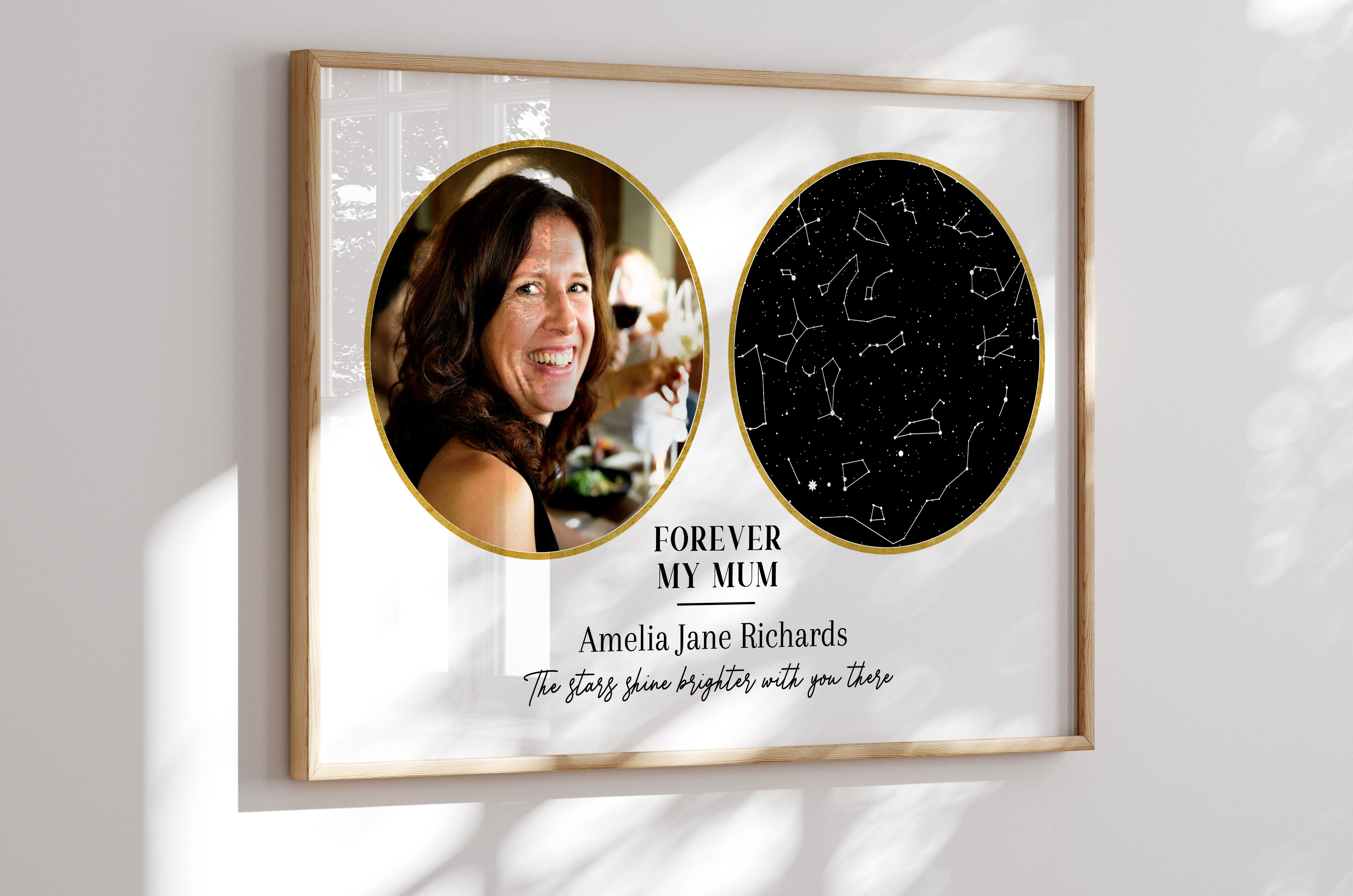 Landscape personalised memorial star map photo print with circular photo and star constellation design – remembrance gift for loss of mum, dad, or grandparent