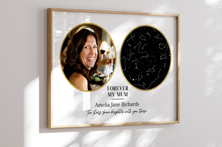 Landscape personalised memorial star map photo print with circular photo and star constellation design – remembrance gift for loss of mum, dad, or grandparent