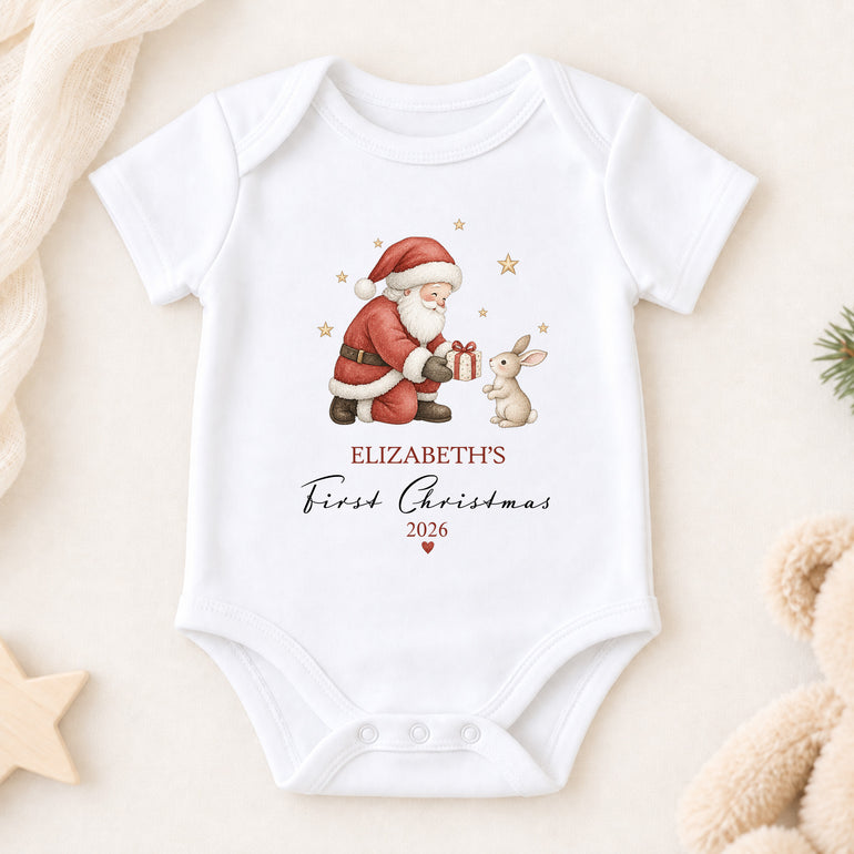Personalised Santa and Bunny First Christmas short-sleeve baby vest with child’s name and chosen year