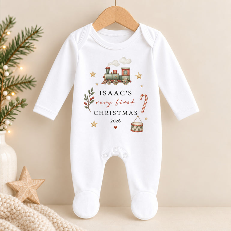 Personalised Very First Christmas baby grow with vintage Christmas train, child’s name, chosen year and festive toy details
