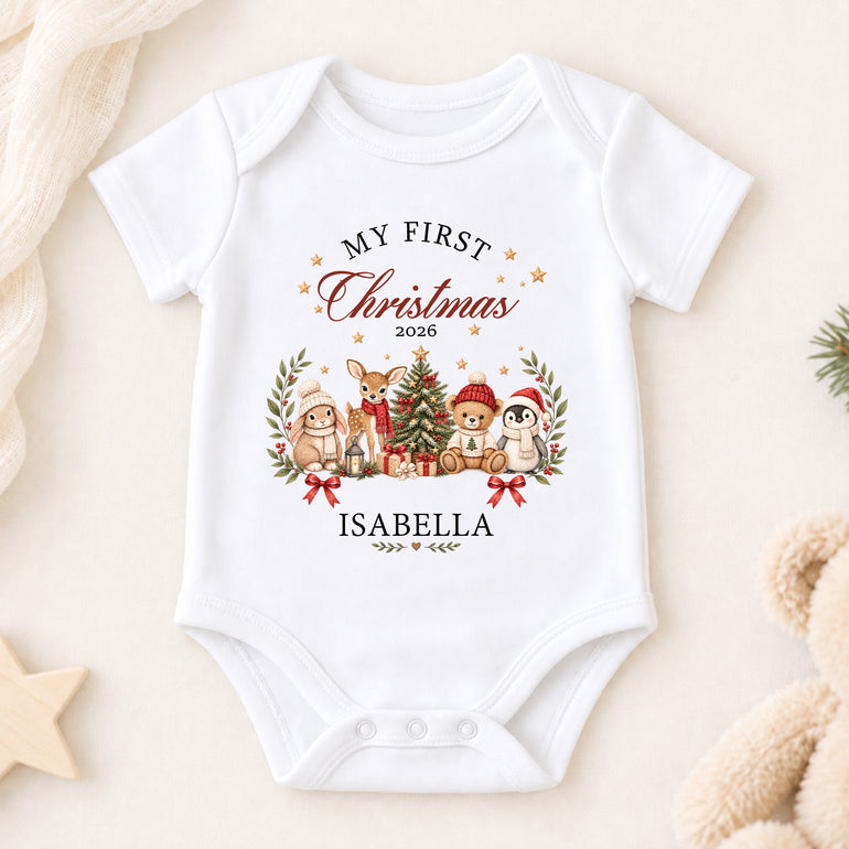 Personalised Storybook Friends First Christmas short-sleeve baby vest with child’s name, year, Christmas tree and animals