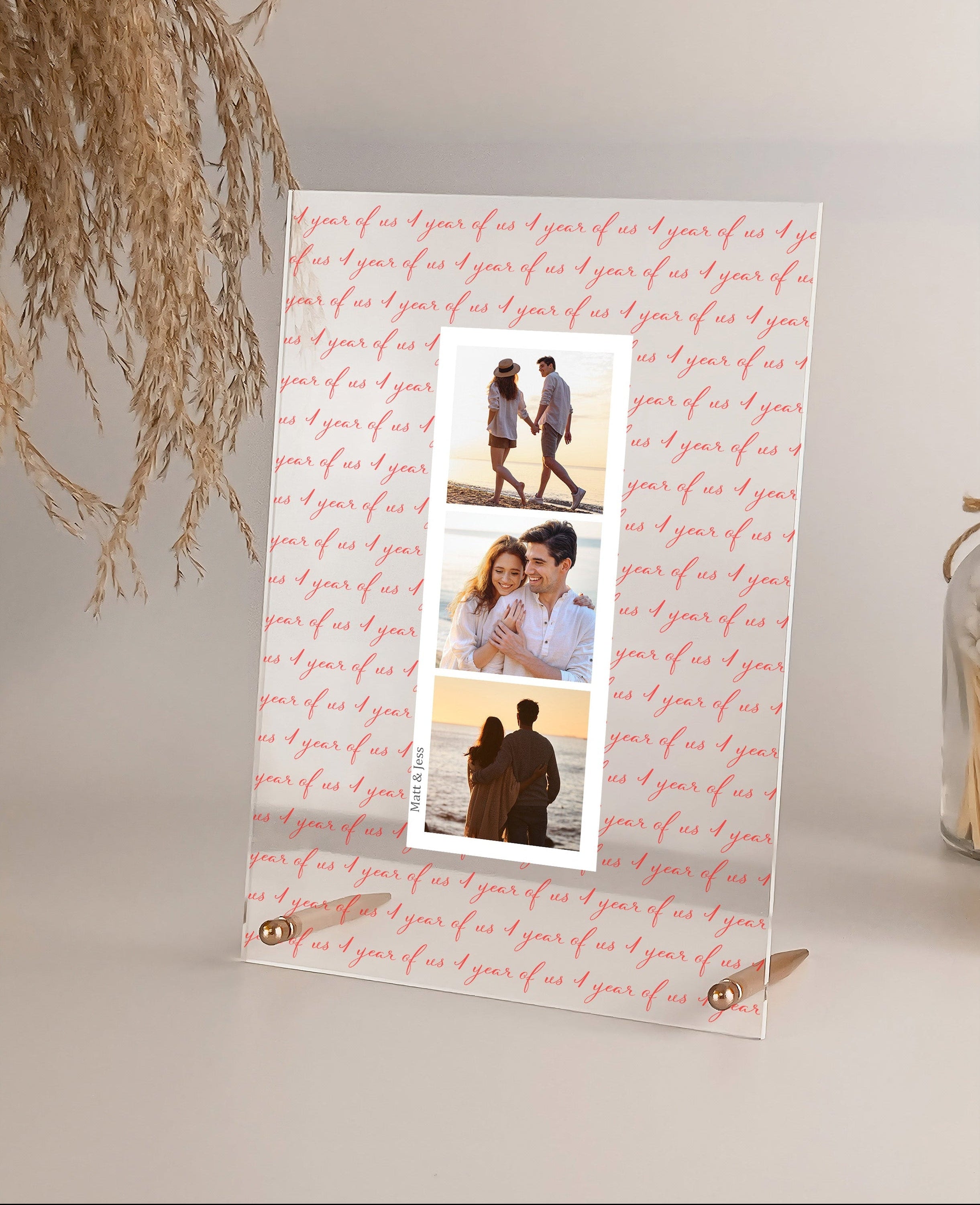 Years of Us three photo acrylic plaque with layered anniversary text background and metal rod stand for couples milestone gift