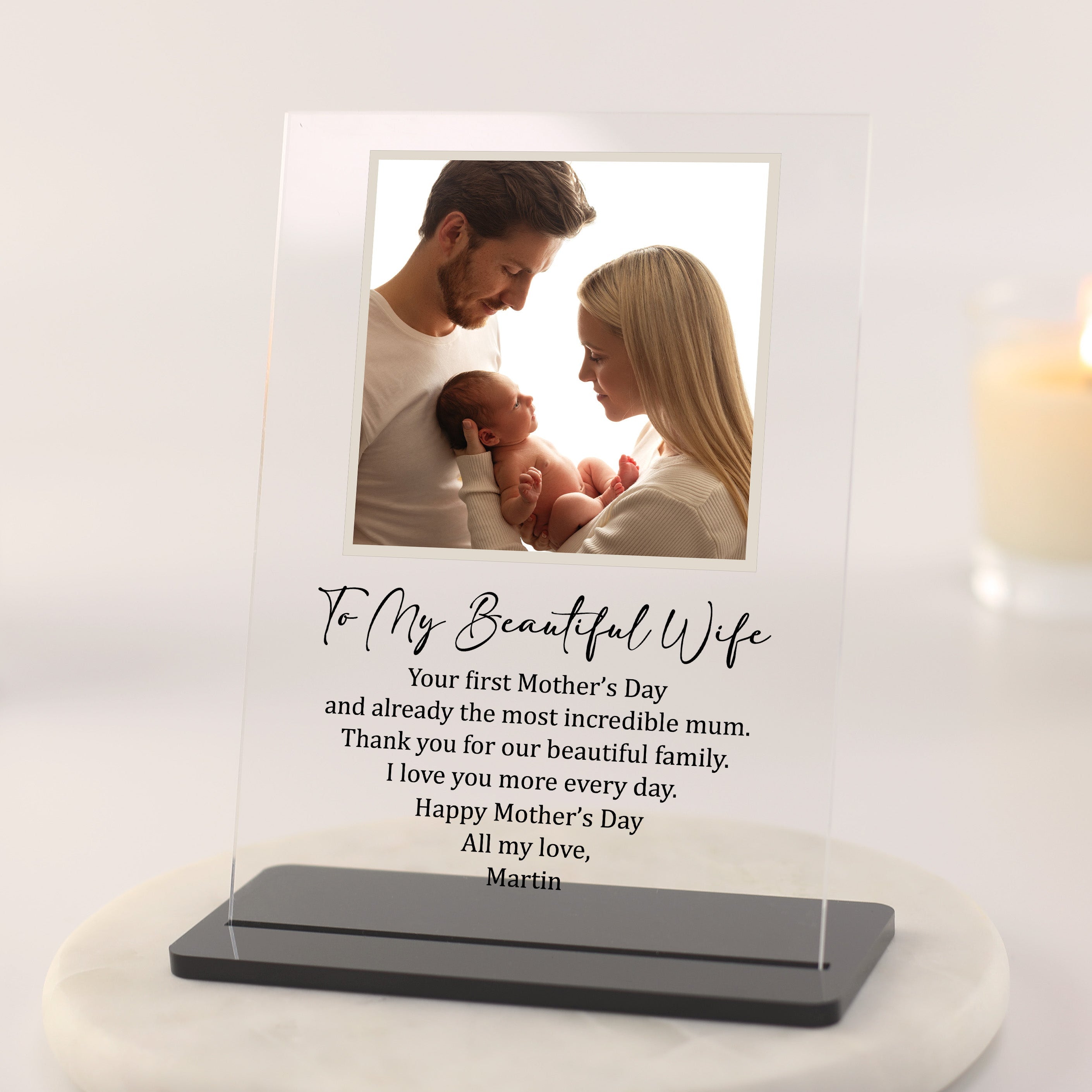 First Mother’s Day photo acrylic plaque for wife from husband personalised new mum gift with stand