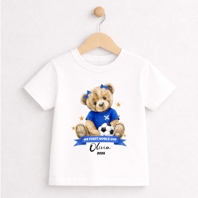 Scotland My First World Cup kids T-shirt with personalised teddy design
