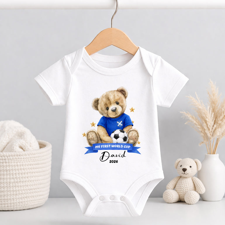 Personalised Scotland baby grow with My First World Cup teddy artwork