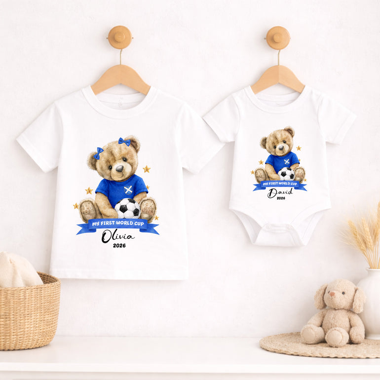 Matching Scotland baby vest and kids T-shirt with personalised football teddy
