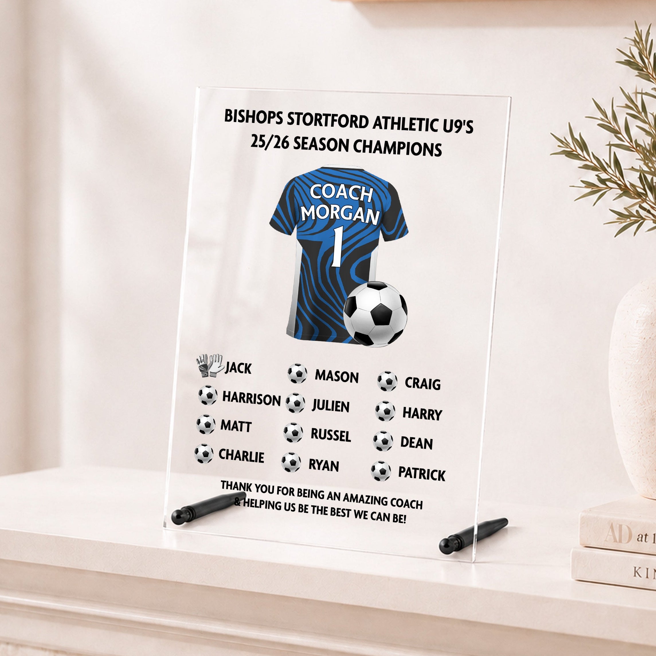 Personalised football coach acrylic plaque with custom football shirt, team name, season and player names.