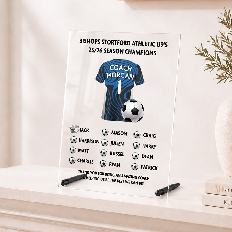 Personalised football coach acrylic plaque with custom football shirt, team name, season and player names.