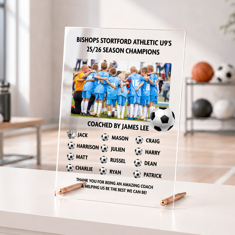 Personalised football coach photo acrylic plaque with team photo, coach name, season and player names.