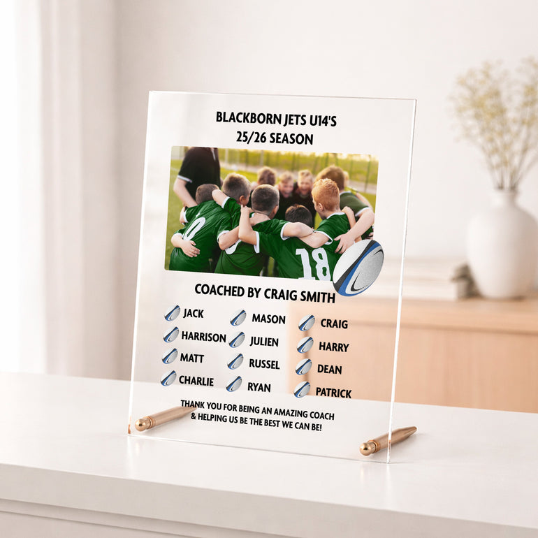 Personalised rugby coach photo acrylic plaque with team photo, coach name, season and player names.