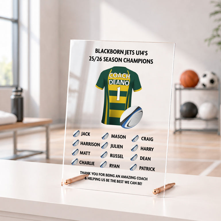 Personalised rugby coach acrylic plaque with custom rugby shirt, team name, season and player names.