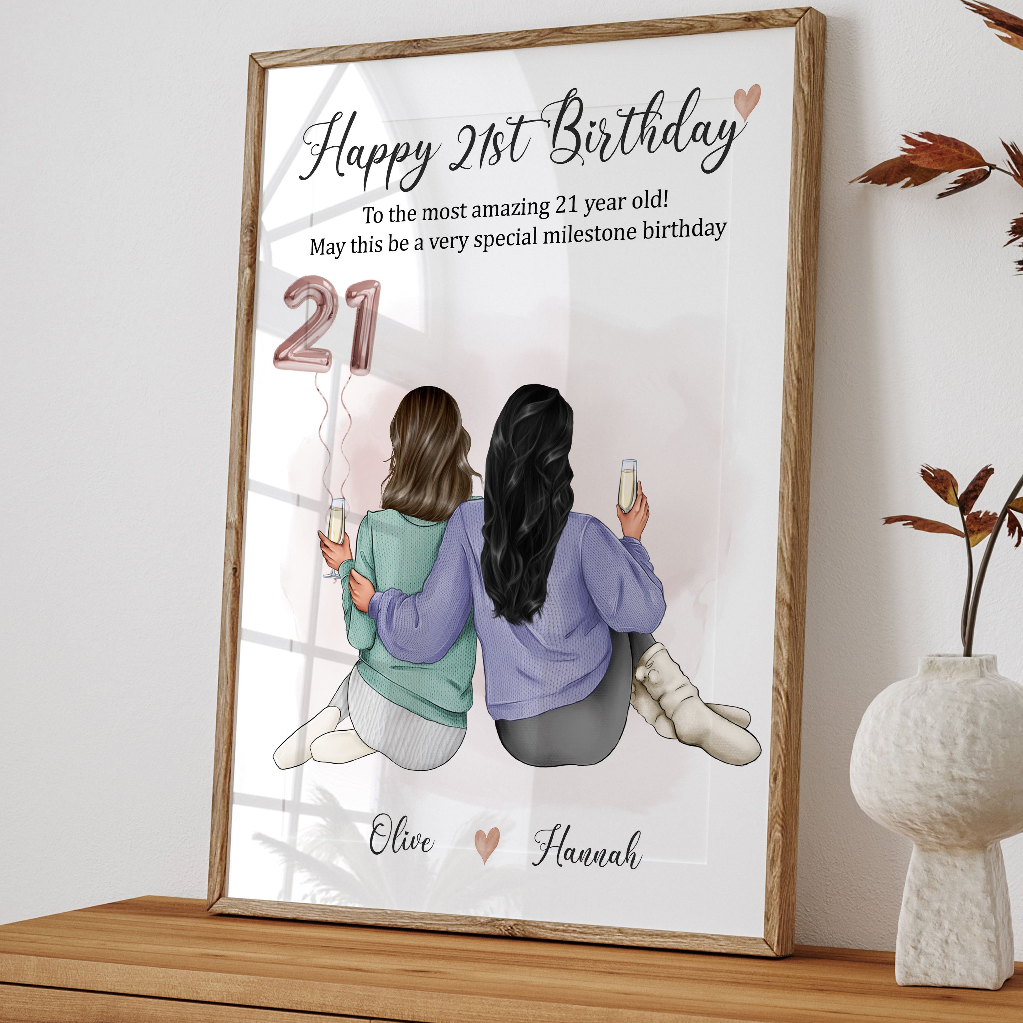 Personalised 21st birthday gift for sister, best friend, cousin or coworker

Unframed milestone birthday art print with custom hairstyles, outfits, and age balloon

21st birthday personalised keepsake print with friendship quote and balloon