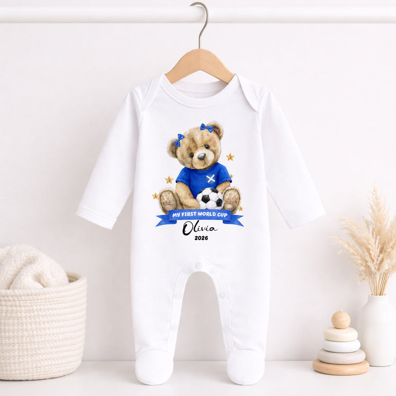 Personalised Scotland World Cup 2026 baby grow with teddy football design