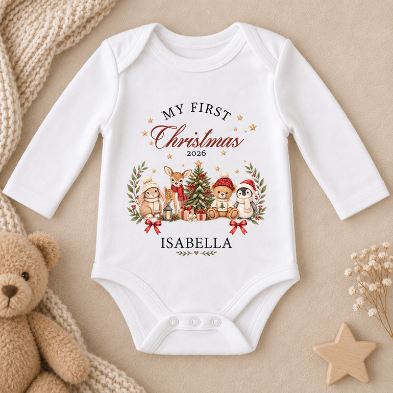 Personalised First Christmas long-sleeve baby vest with rabbit, deer, teddy bear, penguin, child’s name and chosen year
