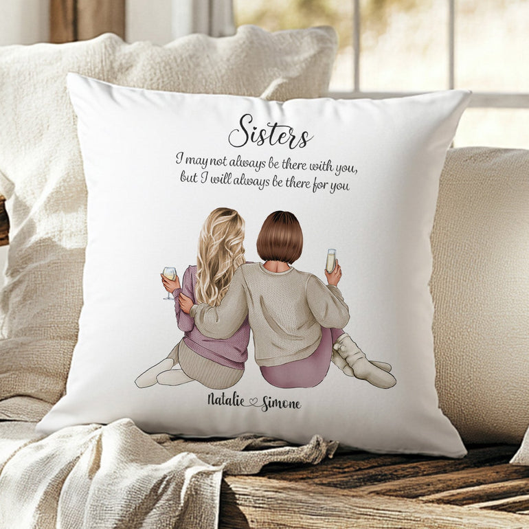 Personalised sisters cushion with two custom female characters, names Natalie and Simone and sentimental sister quote