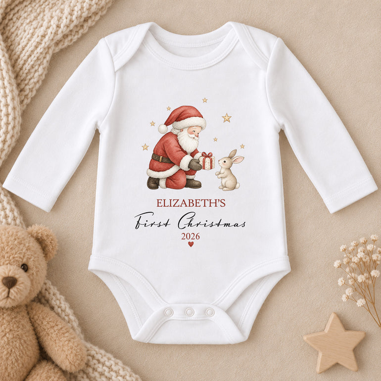 Personalised Santa and Bunny First Christmas long-sleeve baby vest with child’s name, year and gold stars