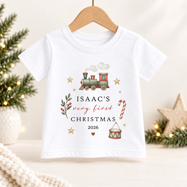 Personalised Vintage Train First Christmas kids T-shirt with child’s name, Christmas year, candy cane and gold stars