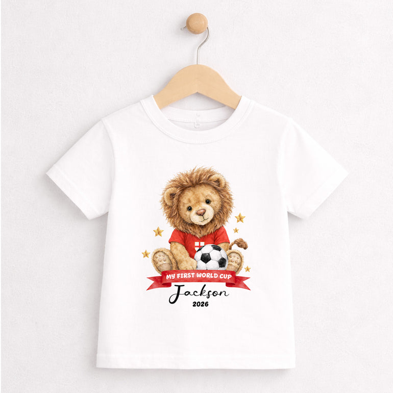 Personalised England World Cup 2026 kids T-shirt with lion football design