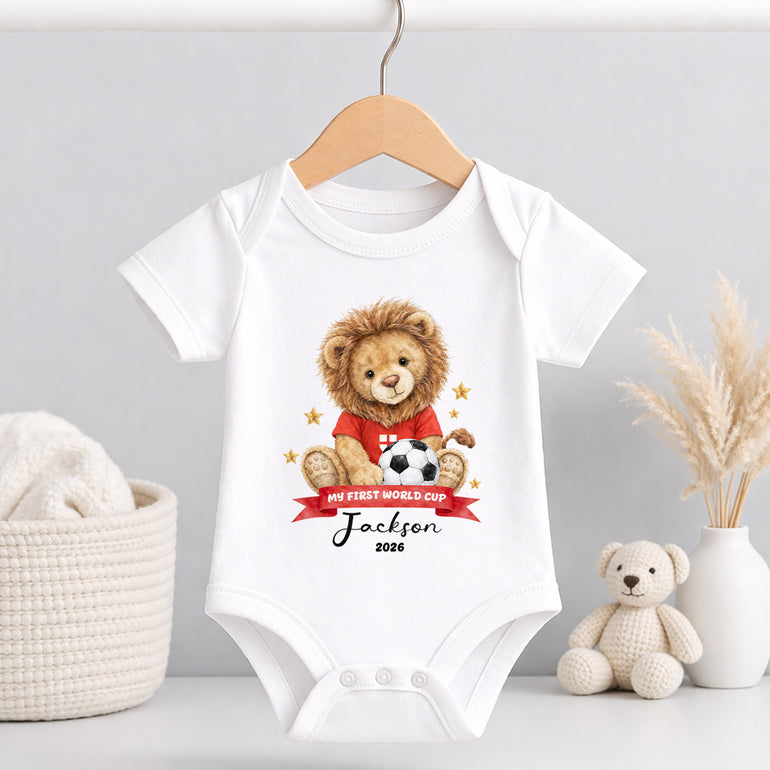 England lion baby vest with My First World Cup 2026 wording and child’s name