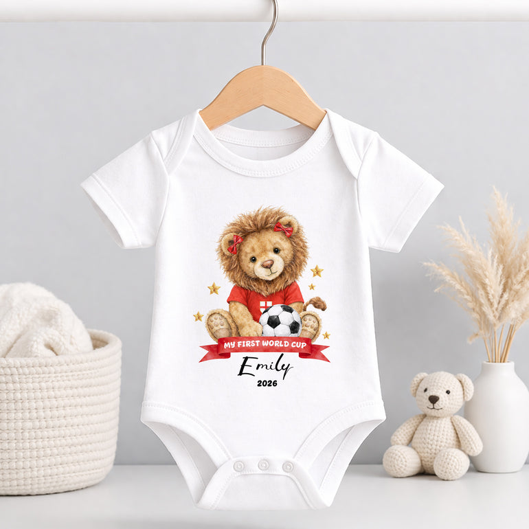 Girl lion England football baby vest with red bows and personalised name