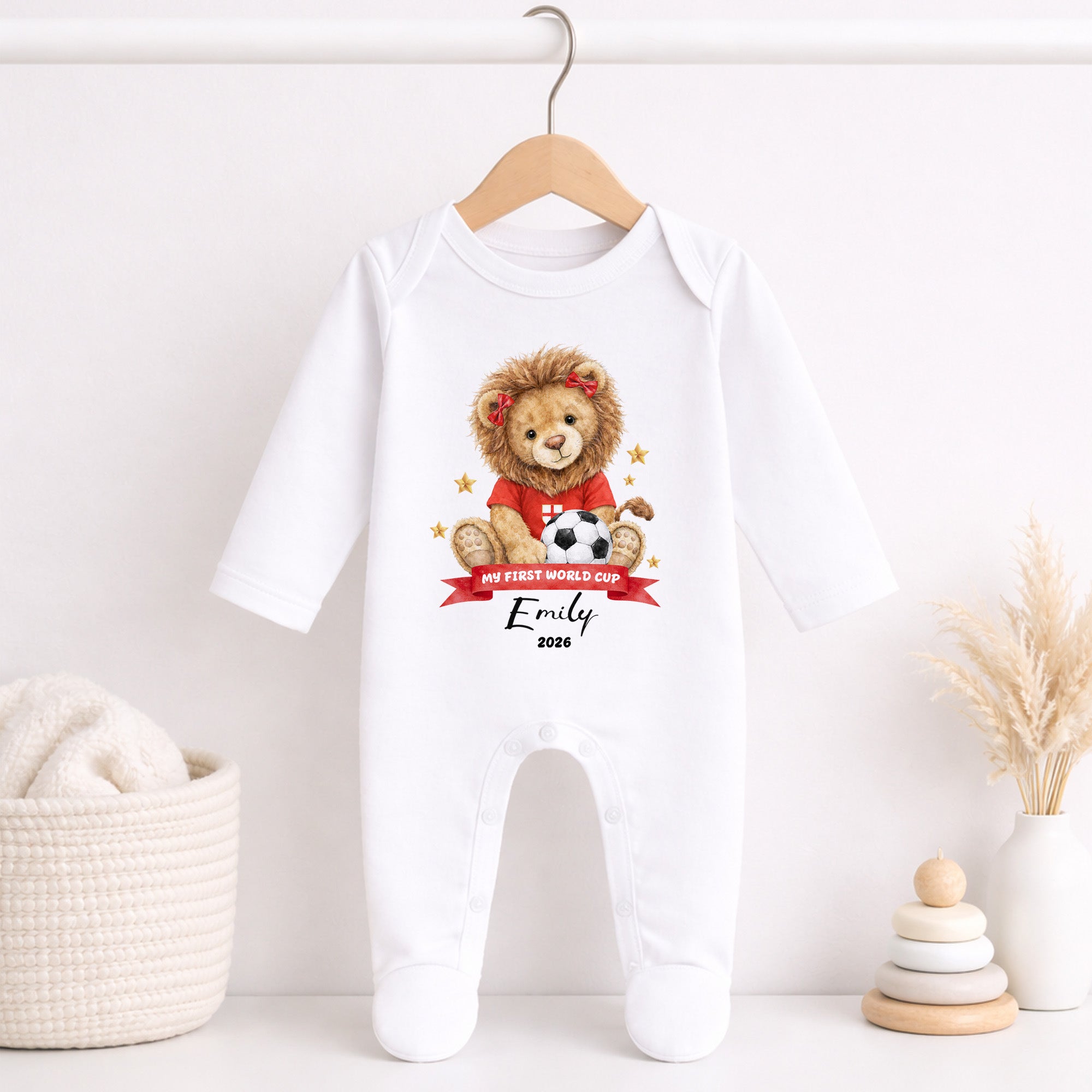 Girl lion England football baby vest with red bows and personalised name