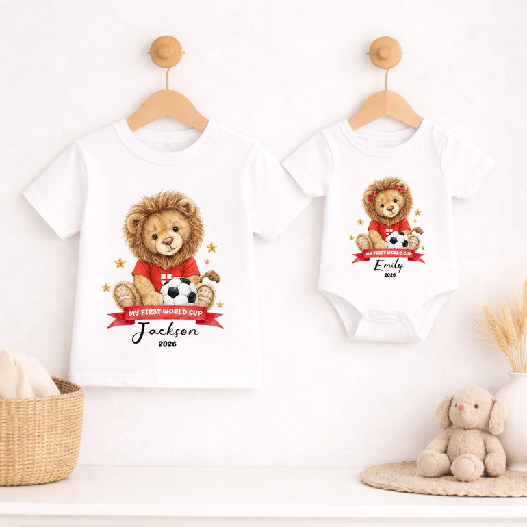 Matching England kids T-shirt and baby vest with lion football artwork