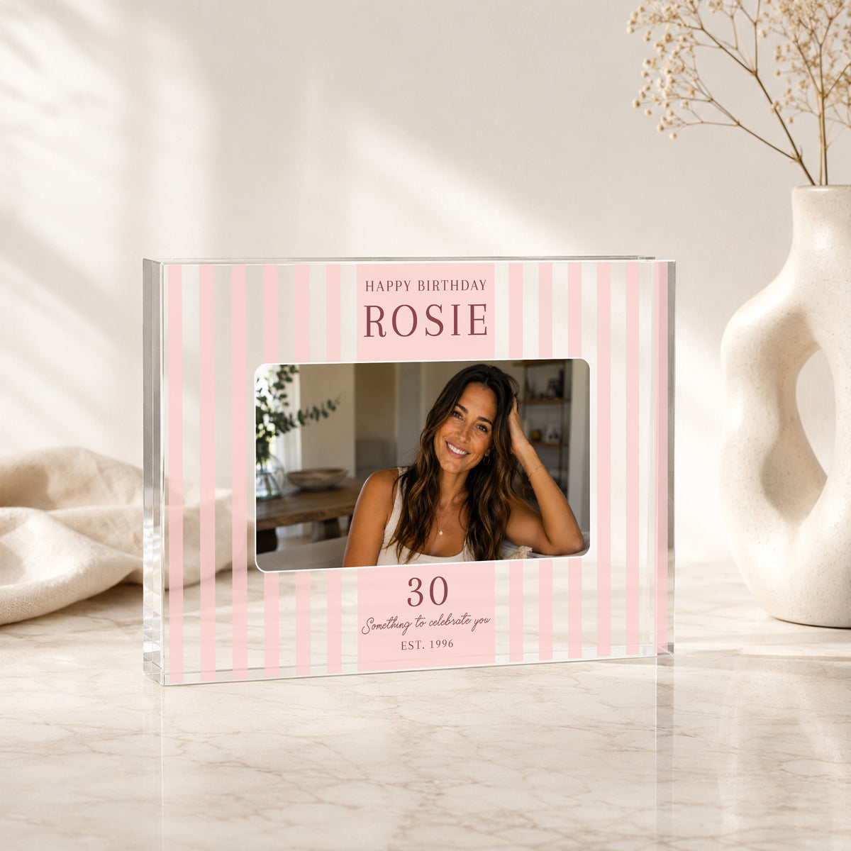 Pink striped freestanding personalised birthday photo block with landscape photograph and custom milestone age.