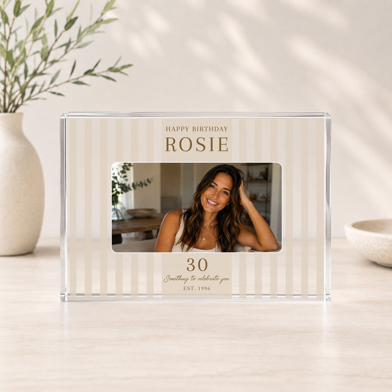 Beige striped personalised any-age birthday acrylic photo block with landscape photograph and recipient details.