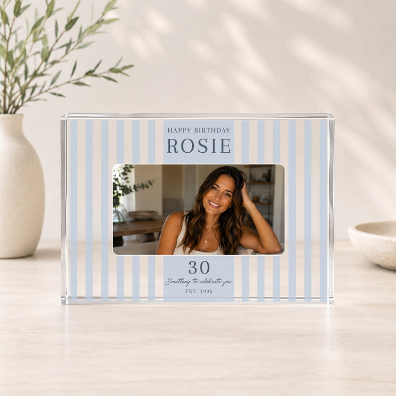 Blue striped personalised any-age birthday acrylic photo block with landscape photo, recipient name and milestone age