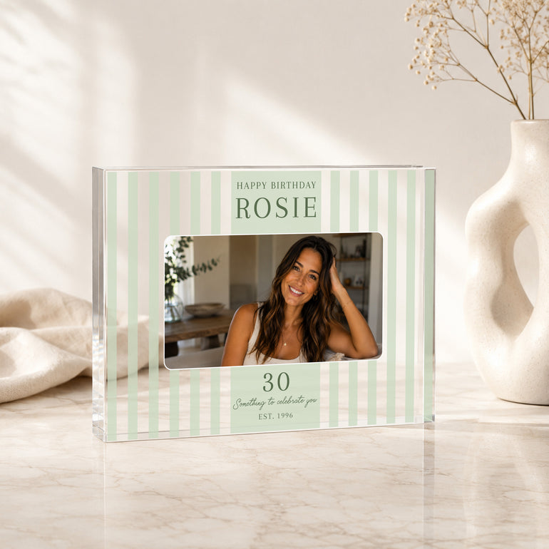 Green striped any-age birthday acrylic photo block featuring a personalised photograph, name and age.
