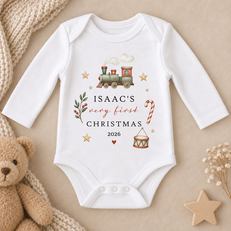 Personalised Very First Christmas long-sleeve baby vest with vintage train design, child’s name and chosen year