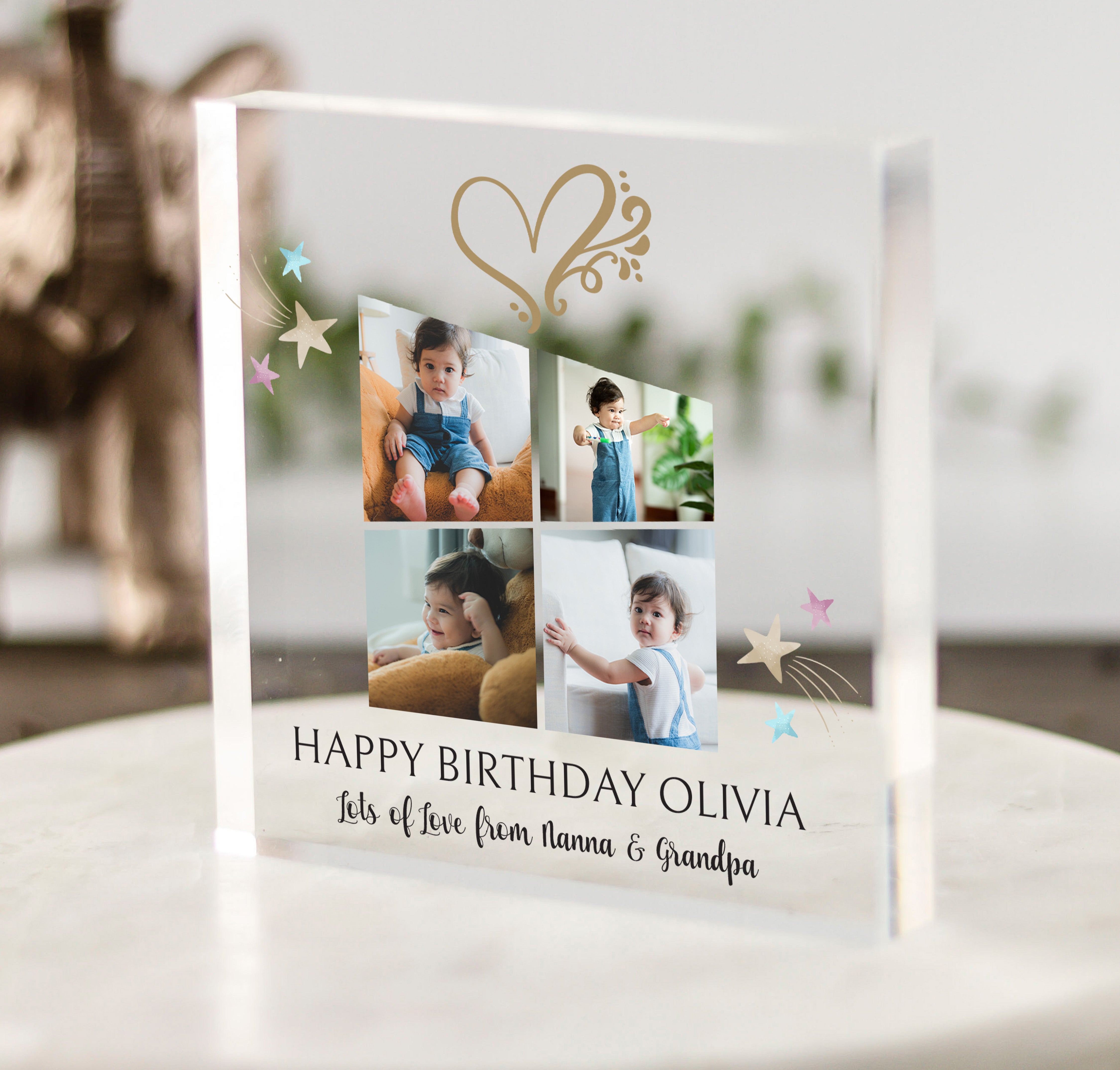 Personalised birthday photo acrylic block with custom collage design.
