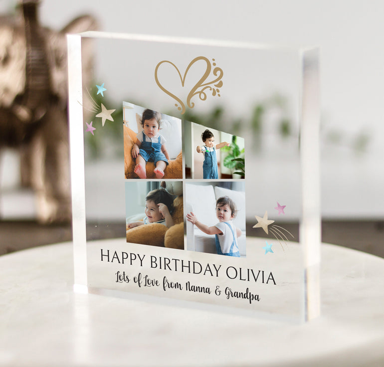 Personalised birthday photo acrylic block with custom collage design.