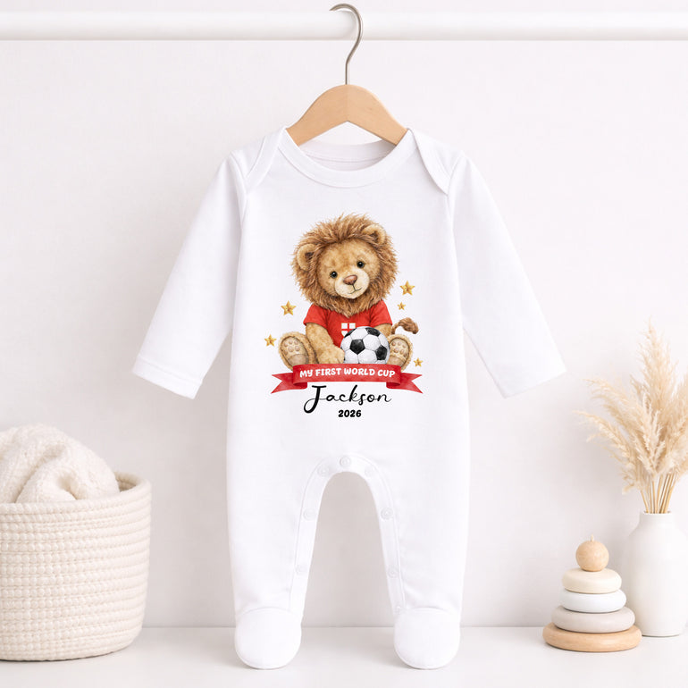 Personalised England baby grow with lion football design for World Cup 2026
