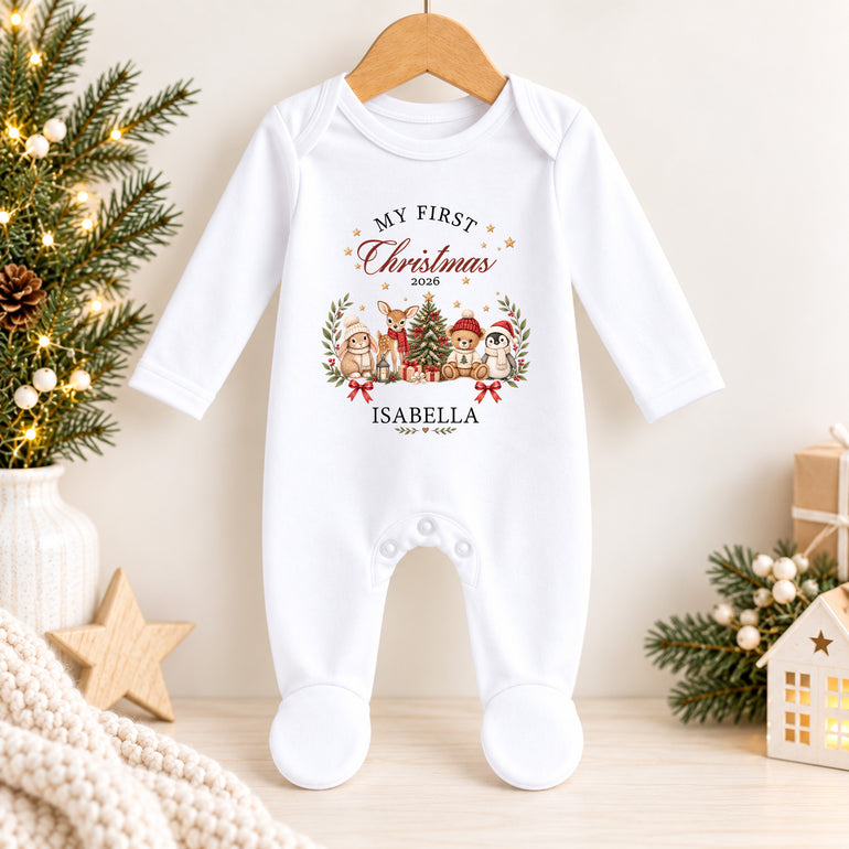 Personalised Storybook Friends First Christmas baby grow with Christmas tree, animal design, child’s name and year