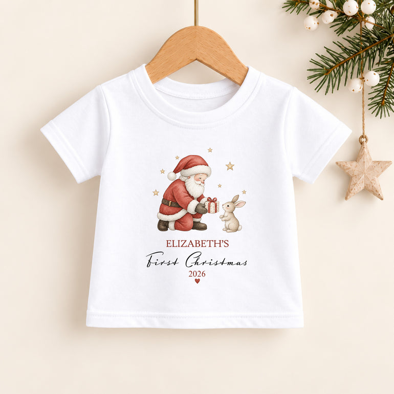 Personalised Santa and Bunny First Christmas kids T-shirt with child’s name, year and festive gold stars
