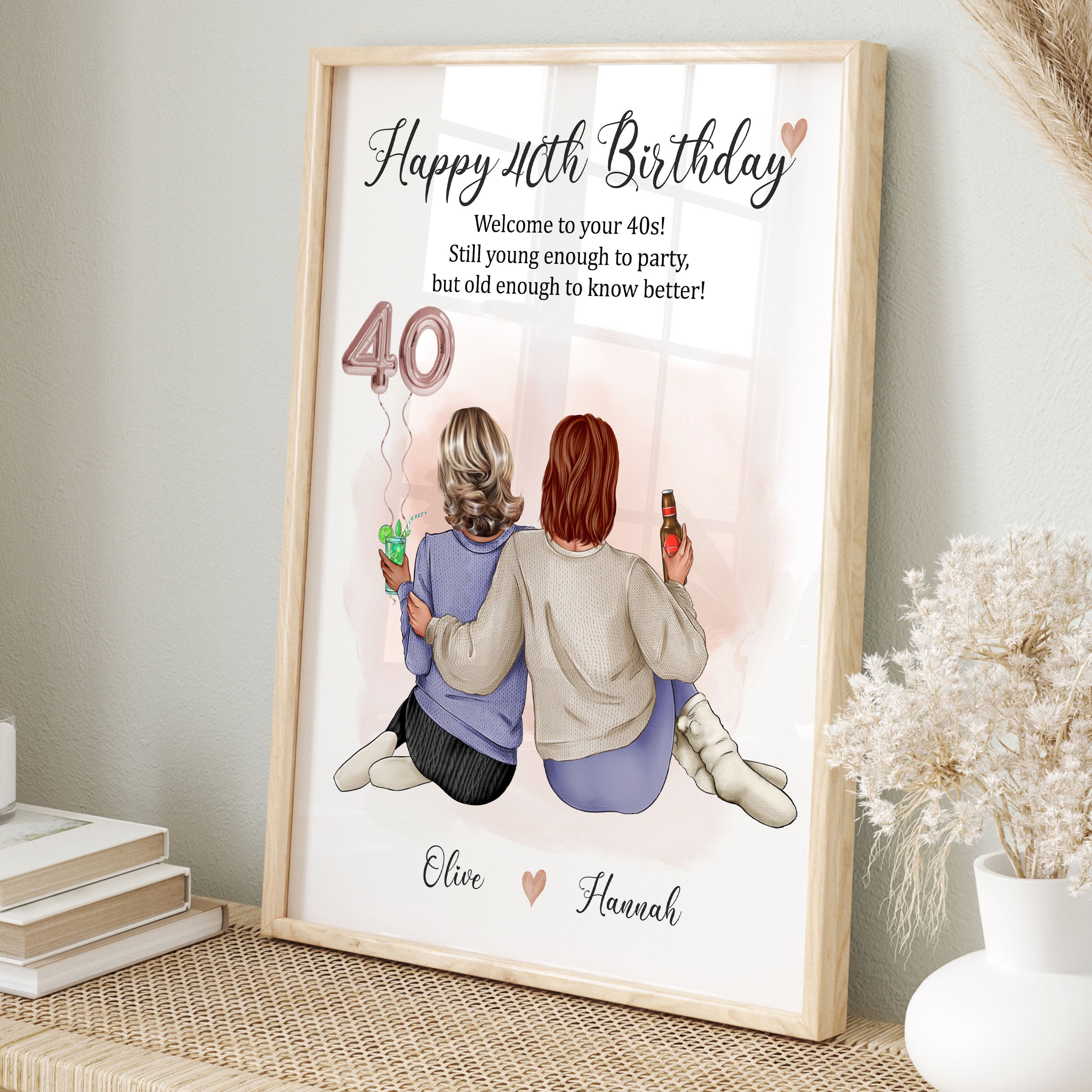 Personalised 40th birthday gift print with 2 best friends illustration and age balloon

Custom 40th birthday print for her – 2 character artwork with names and quote

40th birthday personalised gift for sister, best friend, cousin or mum

Unframed milestone birthday art print with custom hairstyles, outfits, and age balloon

40th birthday keepsake print with personalised friendship quote and balloon