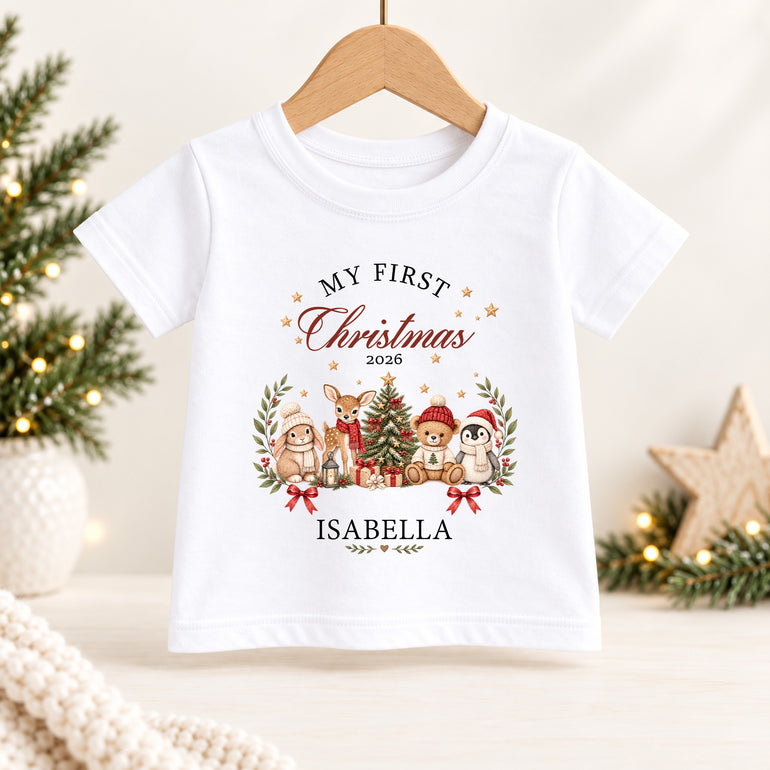Personalised First Christmas kids T-shirt with storybook Christmas animals, child’s name and chosen year