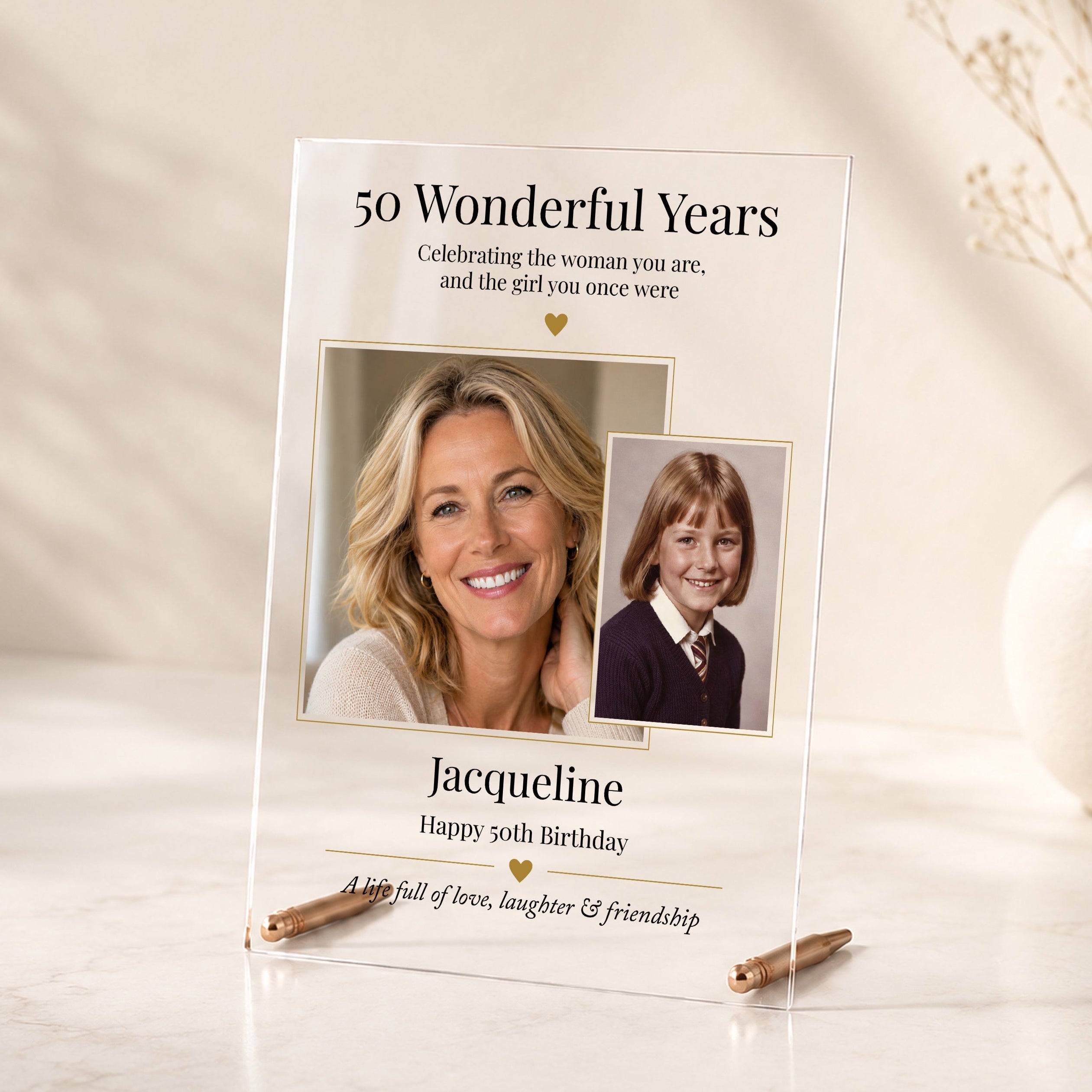 Meta Description:
Personalised 50th birthday acrylic photo plaque for a woman with childhood and recent photographs, name and rose gold display rods