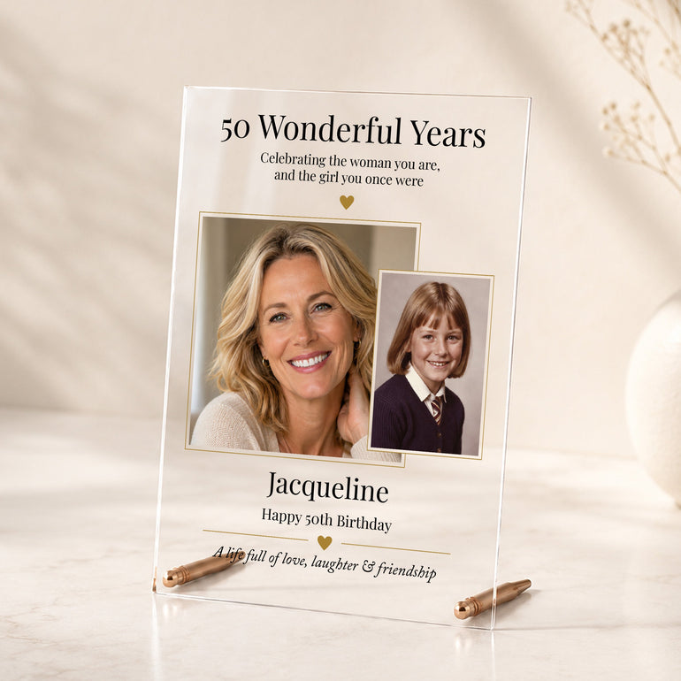 Meta Description:
Personalised 50th birthday acrylic photo plaque for a woman with childhood and recent photographs, name and rose gold display rods