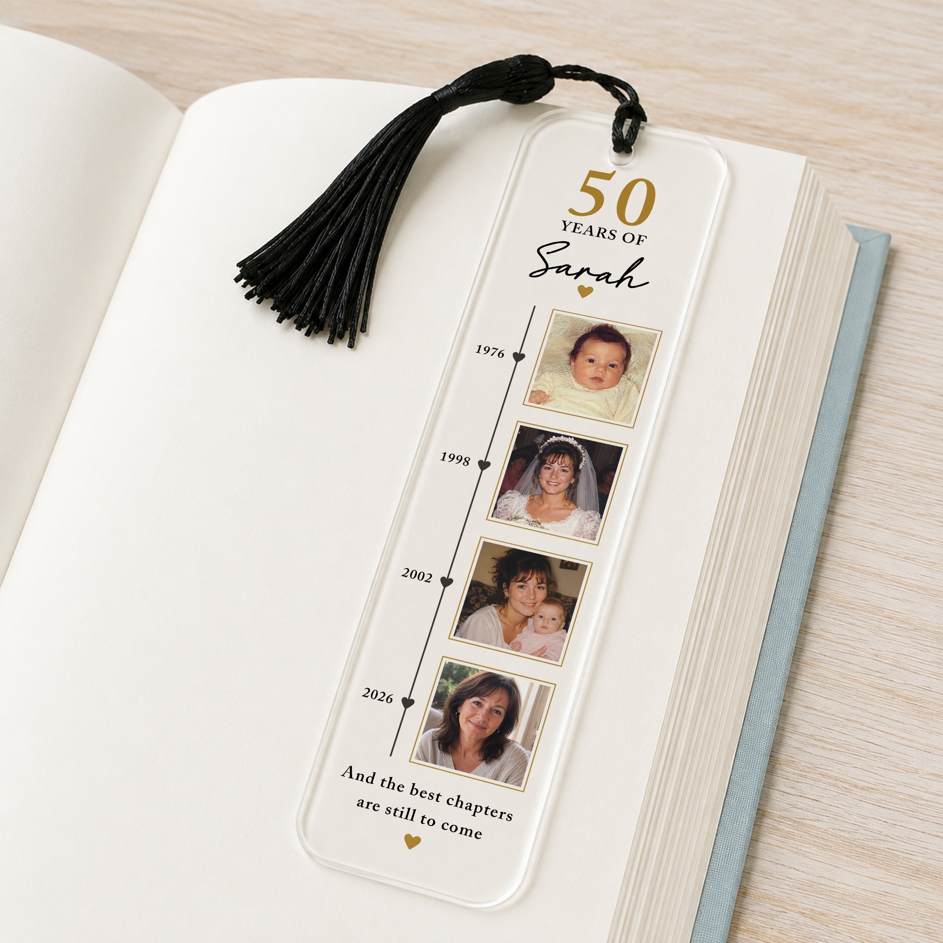 Personalised 50th birthday photo bookmark showing four life timeline photographs, milestone years, recipient name and black tassel.